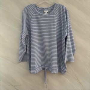 J. Jill  L Blue/White Stripe Drawstring Waist Cotton Knit Shirt NEW Coastal